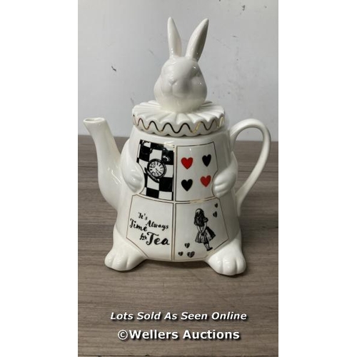 4003 - ALICE IN WONDERLAND TIME FOR TEA TEA POT / MINIMAL IF ANY SIGNS OF USE / ONE PACKET OF TEABAGS OPENE... 