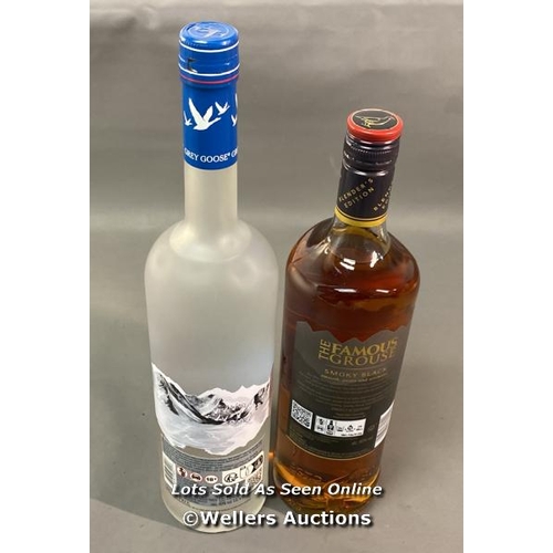 9511 - DRINKS X2 INC. GREY GOOSE VODKA 1L 40% + THE FAMOUS GROUSESMOKY BALCK BLENDED SCOTCH WHISKY 1L 40%