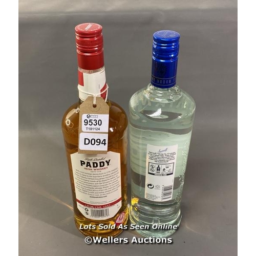 9530 - DRINKS X2 INC. PADDY IRISH WHISKEY  1L 40% + SMIRNOFF VODKA 100 RECIPE NO57 1L 50% VOL