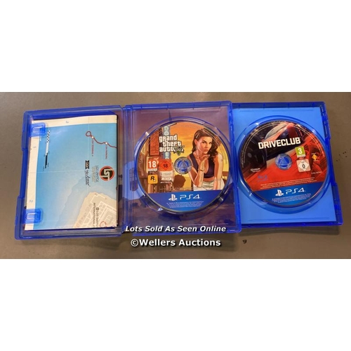 9712 - PS4 DVD GAME X2 INC. DRIVECLUBE + GRANDTHEFT AUTO V FIVE (18 YEAR)