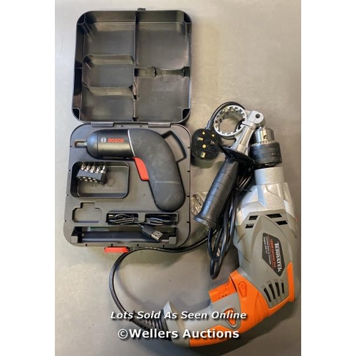 9733 - PRE OWNED TOOLS X2 INC. TERRATEK 1050W HAMMER DRILL WIRED, BOSH CORDLESS SCREWDRIVER  IXO  SET