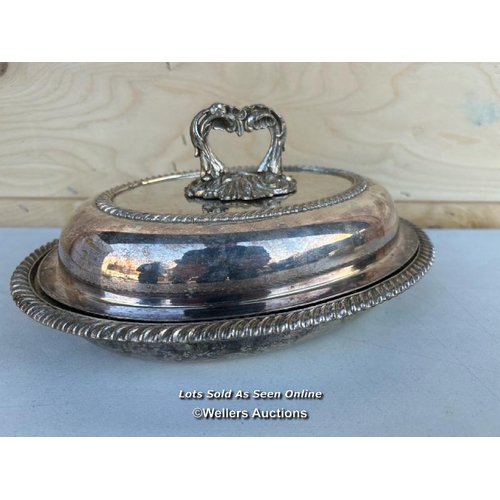 2 - A pair of silver plated tureen dishes with engraved dragon on front of both lids, ornate handles and... 