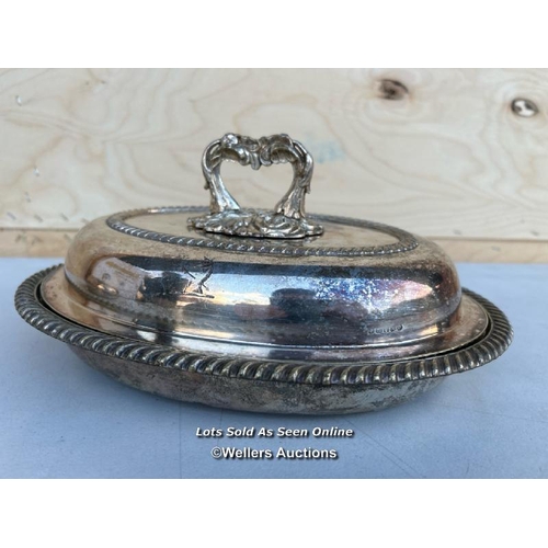 2 - A pair of silver plated tureen dishes with engraved dragon on front of both lids, ornate handles and... 