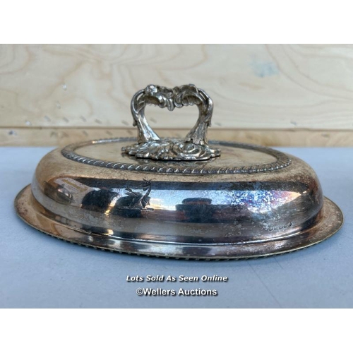 2 - A pair of silver plated tureen dishes with engraved dragon on front of both lids, ornate handles and... 