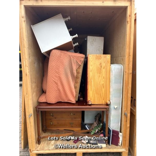 29 - A container of assorted furniture including arm chairs, bed base, mattress, sidetable, chest of draw... 