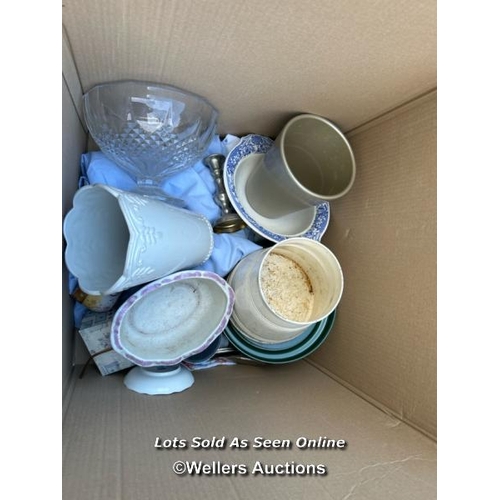 31 - A container of assorted linen, cushions, lamp shades, clothing and miscellaneous household items, si... 