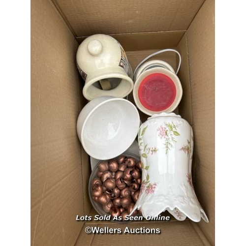 31 - A container of assorted linen, cushions, lamp shades, clothing and miscellaneous household items, si... 