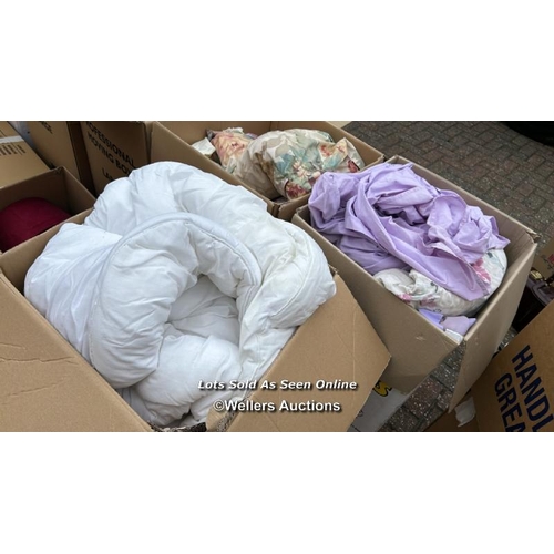 31 - A container of assorted linen, cushions, lamp shades, clothing and miscellaneous household items, si... 