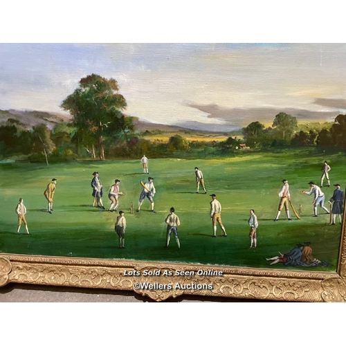 28 - An unsigned oil on canvas painting depicting a quintessential English cricket scene in giltwood fram... 