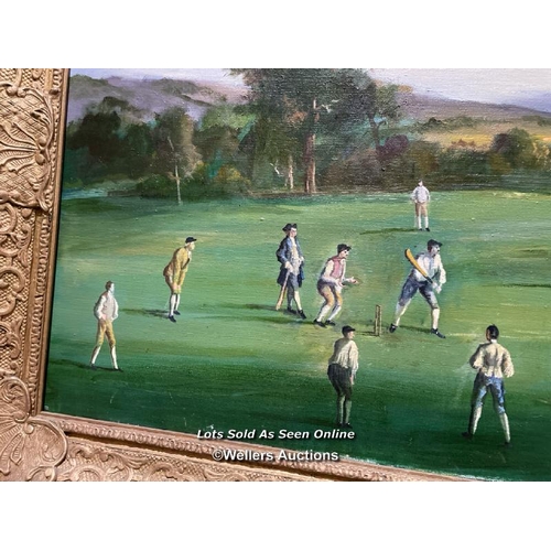 28 - An unsigned oil on canvas painting depicting a quintessential English cricket scene in giltwood fram... 