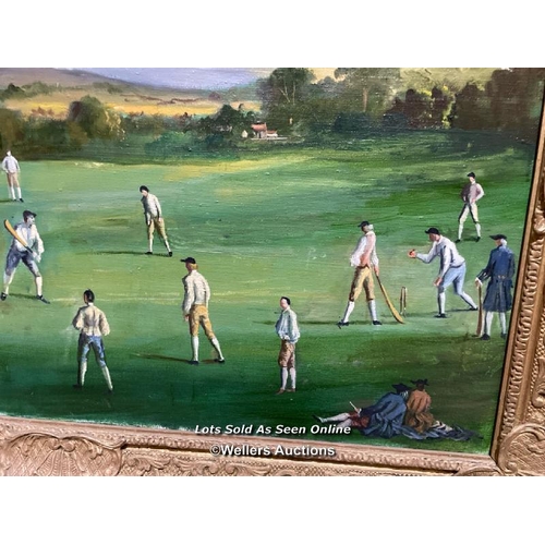 28 - An unsigned oil on canvas painting depicting a quintessential English cricket scene in giltwood fram... 