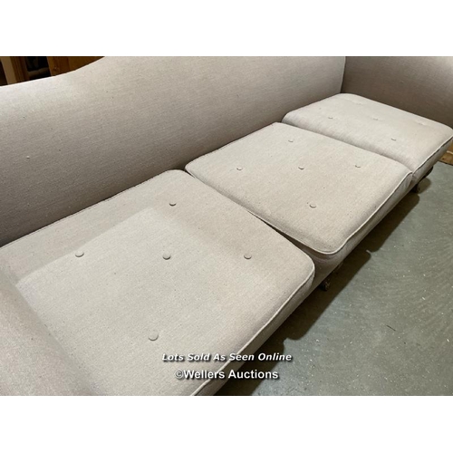 50 - Fabric sofa on carved wooden base, 80cm h x 235cm w x 90cm d  / VAT applies to the hammer price on t... 