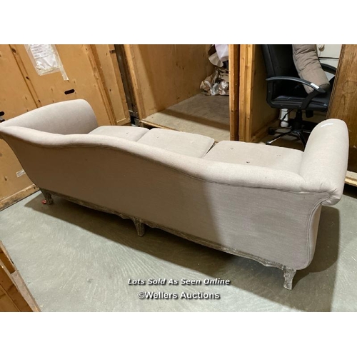 50 - Fabric sofa on carved wooden base, 80cm h x 235cm w x 90cm d  / VAT applies to the hammer price on t... 