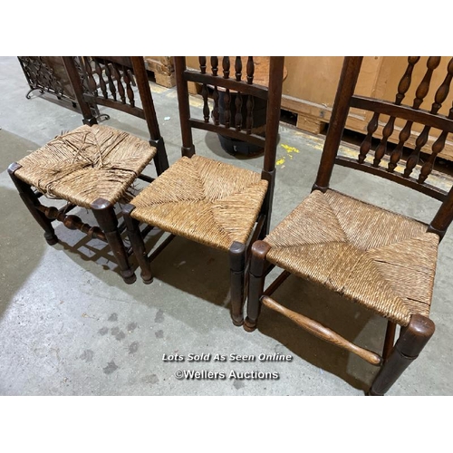 62 - Three spindle back and cane seat dining chairs, require restoration, largest measures 98cm h x 50cm ... 