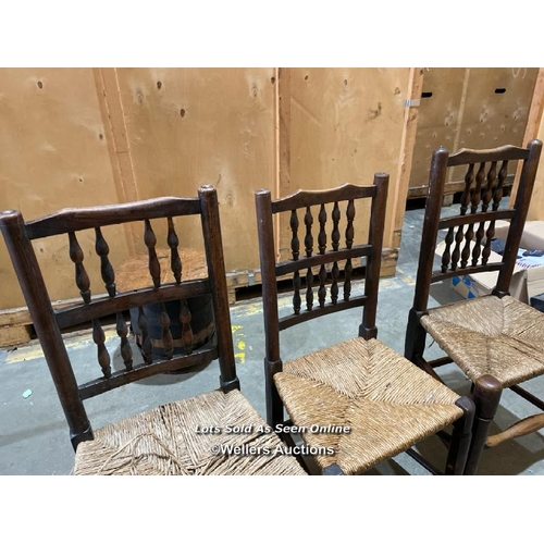 62 - Three spindle back and cane seat dining chairs, require restoration, largest measures 98cm h x 50cm ... 