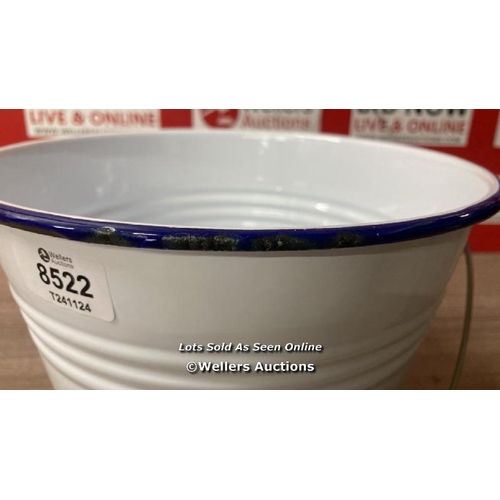 8522 - ENAMEL BUCKET WHITE WITH BLUE RIM 22CM - BEER BUCKET, ENAMELWARE / NEW WITH MARKS / SEE IMAGES / E36... 