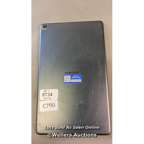 9734 - PRE OWNED SAMSUNG TABLET/ SM- T510 / SN: R52MB0FA8V/ DARK GREY/ DISPLAY DAMAGED / GOOGL LOCKED