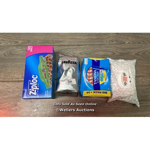 380 - LAVAZZA COFFEE,ZIPLOCK BAGS, TAMPAX,FLUSHABLE WIPES / F8