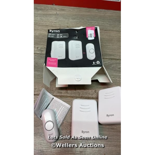 409 - BYRON DBY-22314UK WIRELESS DOORBELL SET, TWIN PACK, BATTERY PORTABLE AND PLUG IN, 150 M RANGE, 16 ME... 