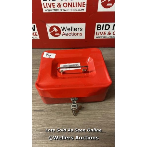 442 - 1X RED 20.5CM METAL CASH BOX - LOCKABLE METAL PETTY COIN NOTES MONEY KEY LOCK SAFE SAFETY STORAGE TI... 