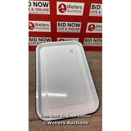 474 - GENWARE ENAMEL SERVING TRAY WHITE WITH BLUE RIM 38.2CM X 26.4CM, 942938WH, SINGLE / F13