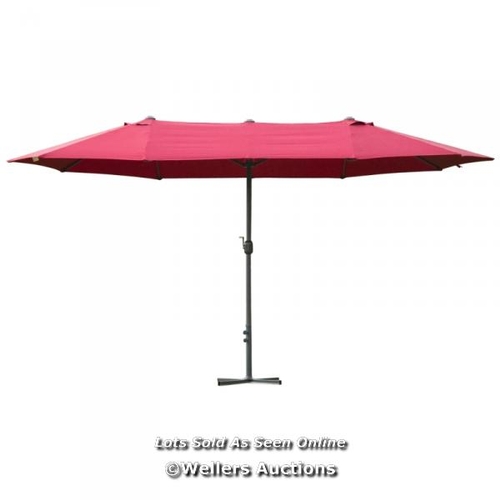 8105 - RRP: 129.99 - OUTSUNNY 4.6M SUN UMBRELLA CANOPY DOUBLE-SIDED CRANK SUN SHADE W/ CROSS BASE WINE RED ... 