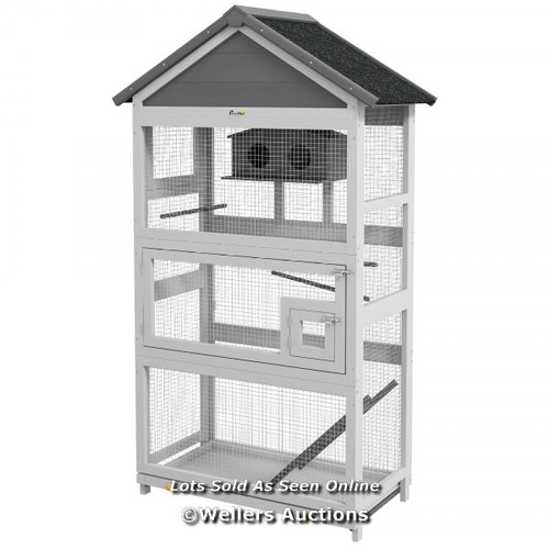 8136 - RRP: 109.99 - PAWHUT WOODEN BIRD CAGE, WITH STAND, FOR FINCHES, PARAKEETS, SMALL BIRDS - GREY / SEE ... 