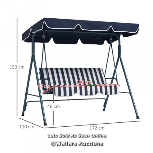 2484 - RRP: 79.99 - OUTSUNNY THREE-SEATER GARDEN SWING CHAIR, WITH ADJUSTABLE CANOPY - BLUE STRIPE / APPEAR... 