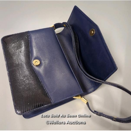 22 - Mappin & Webb vintage blue lizard leather handbag with single adjustable shoulder / hand strap and f... 