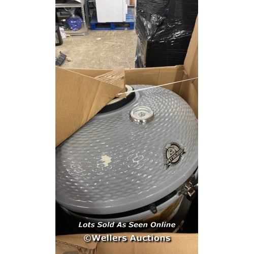 2300 - PITBOSS CERAMIC KAMADO CHARCOAL BARBEQUE GRILL + COVER IN GREY / MINIMAL SIGNS OF USE / CHIPPED ON T... 