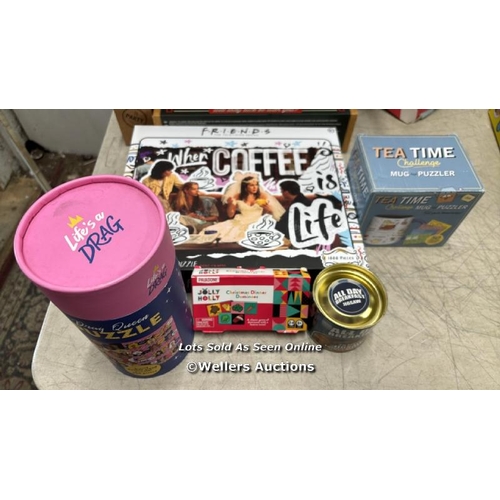 9014 - 1 X TEA TIME CHALLENGE MUG AND PUZZLER, 1 X ALL DAY BREAKFAST JIGSAW, 1 X DRAG QUEEN PUZZLE, 1 X FRI... 