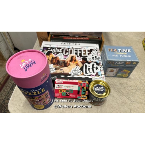 9014 - 1 X TEA TIME CHALLENGE MUG AND PUZZLER, 1 X ALL DAY BREAKFAST JIGSAW, 1 X DRAG QUEEN PUZZLE, 1 X FRI... 