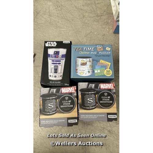 9147 - 1 X TEA TIME CHALLENGE MUG AND PUZZLE, 1 X STAR WARS GLASS, 2 X STARK INDUSTRIES MUG AND COASTER / N... 