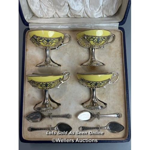 48 - Mappin & Webb set of four yellow and white bone china sundae cups with hallmarked silver pierced sur... 