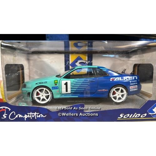 8338 - SOLIDO S1804304 1:18 1999 NISSAN SKYLINE (R34) GT-R-FALKEN DRIFT LIVERY COLLECTIBLE MINIATURE CAR, M... 