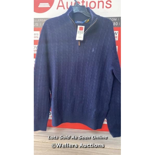 514 - POLO RALPH LAUREN KNIT HALF ZIP CABLE WOOL COTTON MIX M BLUE / SIZE M / APPEARS NEW WITH TAGS / RRP:... 