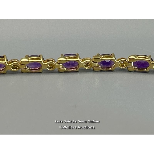 76 - Amethyst and diamond collar necklace comprising seven oval amethyst alternating with diamonds set to... 