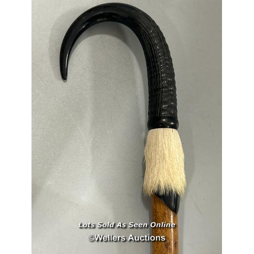 187 - Clarens Alpine walking stick, with Ibex horn handle and carved foot, 97cm long