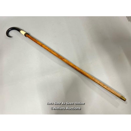 188 - Alpine walking stick, with Ibex horn handle and carved foot, faint makers name and brass tip. 82 cm ... 