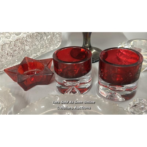 15 - Assorted glassware including boat shaped dish, candle holders and carnival glass bonbon dish / T42