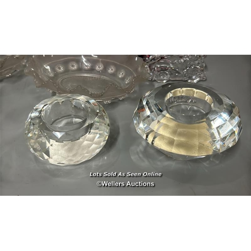 15 - Assorted glassware including boat shaped dish, candle holders and carnival glass bonbon dish / T42