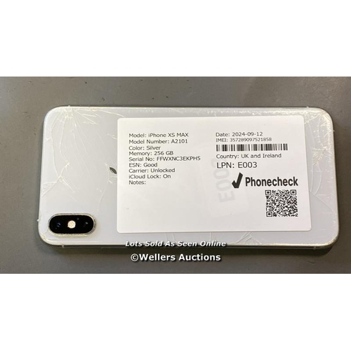 5053 - APPLE IPHONE XS MAX 256GB ICLOUD LOCK: ON IMEI: 357289097521858 - SCREEN AND BACK DAMAGED