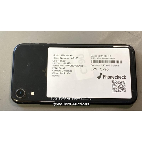 5057 - APPLE IPHONE XR / A2105 64GB ICLOUD LOCK:ON IMEI: 356453100764688