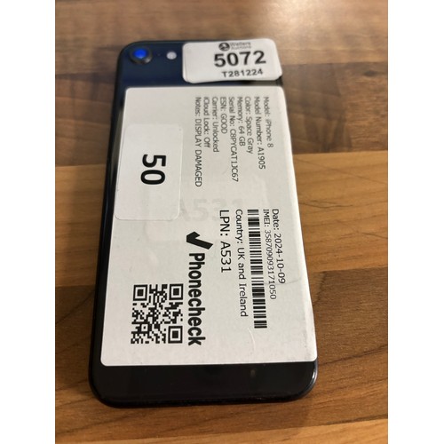 5072 - APPLE IPHONE 8 / A1905 / 64GB / I-CLOUD UNLOCKED / IMEI 358709093171050 / SCREEN DAMAGED