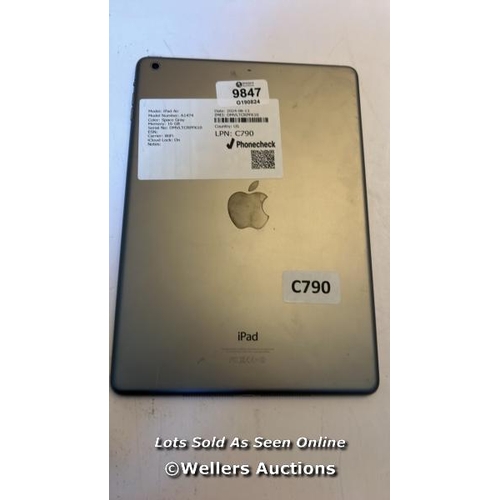 5116 - IPAD AIR / MODEL NO: A1474 / SPACE GREY / 16GB / SERIAL NO: DMVLTCRPFK10 / ICLOUD LOCKED