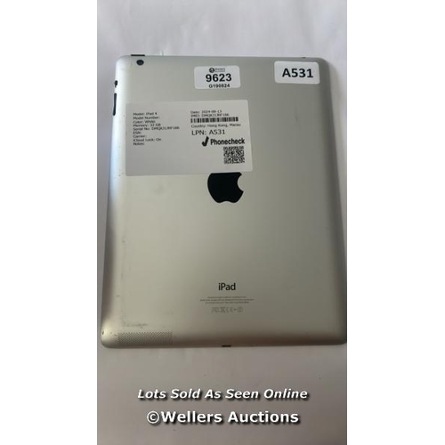 5120 - IPAD 4 / WHITE / 32GB / SERIAL NO: DMQKJ1JRF186 / ICLOUD LOCKED / DAMAGED SCREEN COMING AWAY FROM DE... 