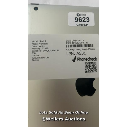 5120 - IPAD 4 / WHITE / 32GB / SERIAL NO: DMQKJ1JRF186 / ICLOUD LOCKED / DAMAGED SCREEN COMING AWAY FROM DE... 