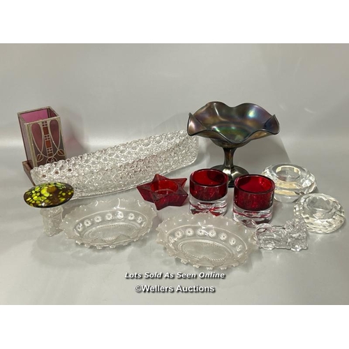 15 - Assorted glassware including boat shaped dish, candle holders and carnival glass bonbon dish / T42