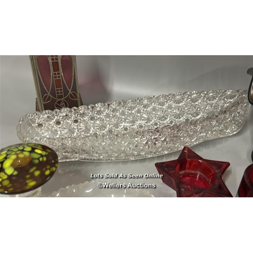 15 - Assorted glassware including boat shaped dish, candle holders and carnival glass bonbon dish / T42