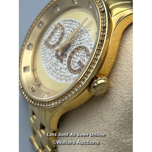 163 - Dolce & Gabbana DW0377 stainless steel ladies watch, signs of use, missing some stones / AN47